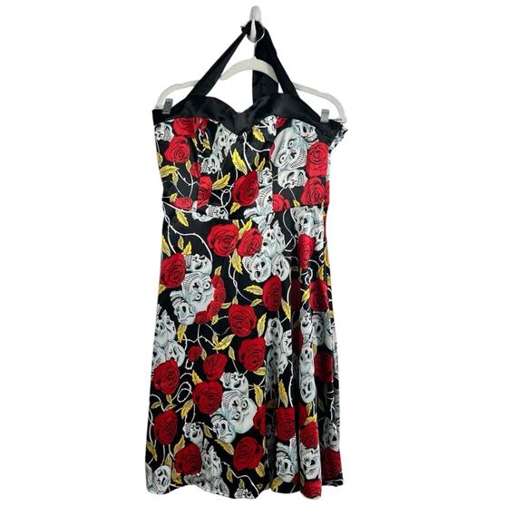 Dress Tells New Skull Roses Print Halter Tie Neck Fit & Flare Mini Dress Large - Picture 10 of 12